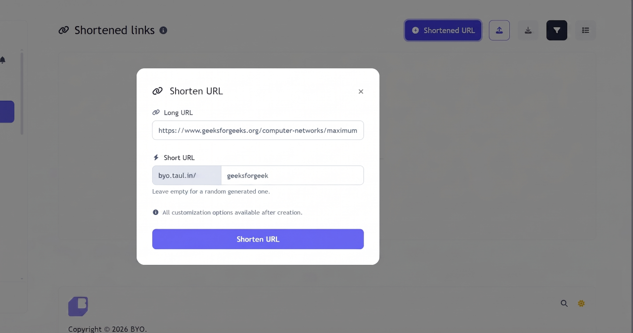 Screenshot of the app short URL editing page